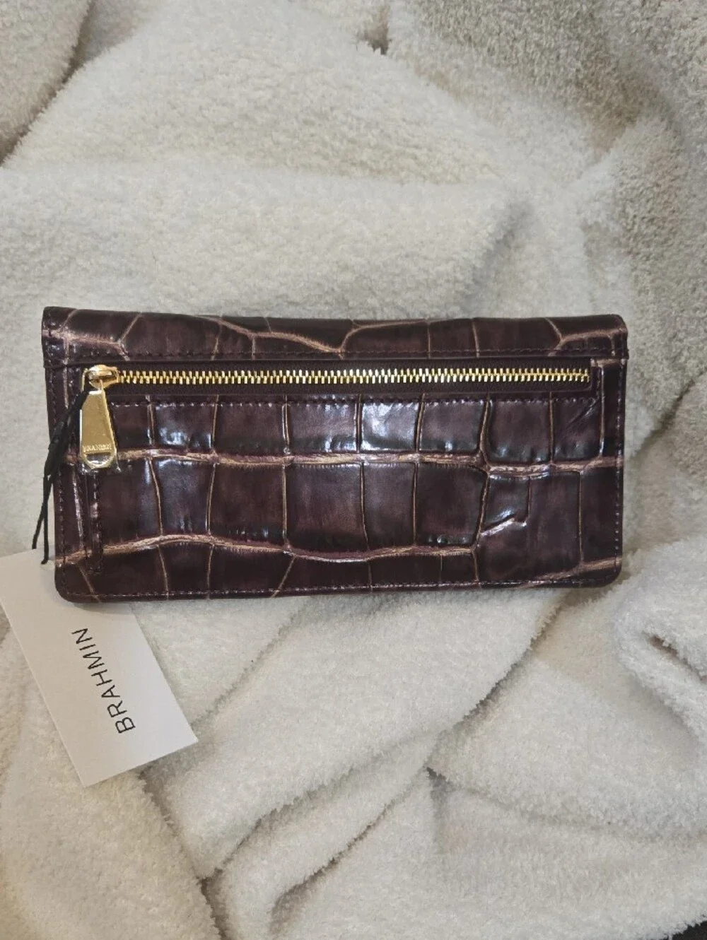 Brahmin Ady Croc-Embossed Leather Wallet Dark Brown Gold Accent New With Tags